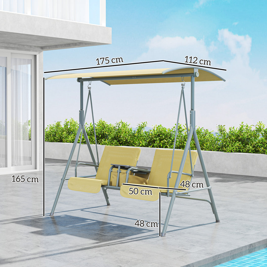 Outsunny 2 Seater Garden Swing Chair Patio Rocking Bench w/ Tilting Canopy, Double Padded Seats, Storage Bag and Tray, Beige