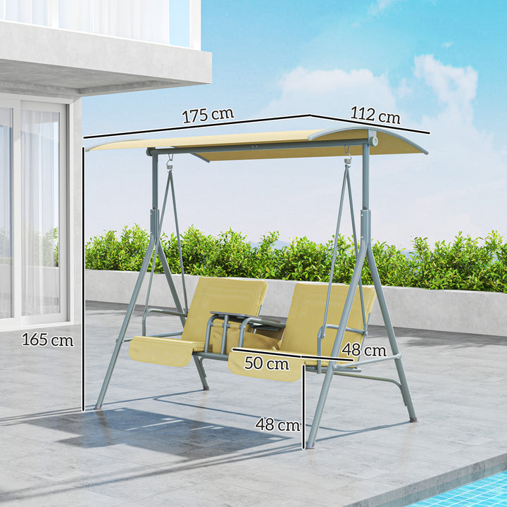 Outsunny 2 Seater Garden Swing Chair Patio Rocking Bench w/ Tilting Canopy, Double Padded Seats, Storage Bag and Tray, Beige