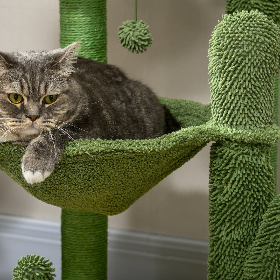 82cm Chenille Cactus Cat Tree with Scratching Post, Hammock, Green