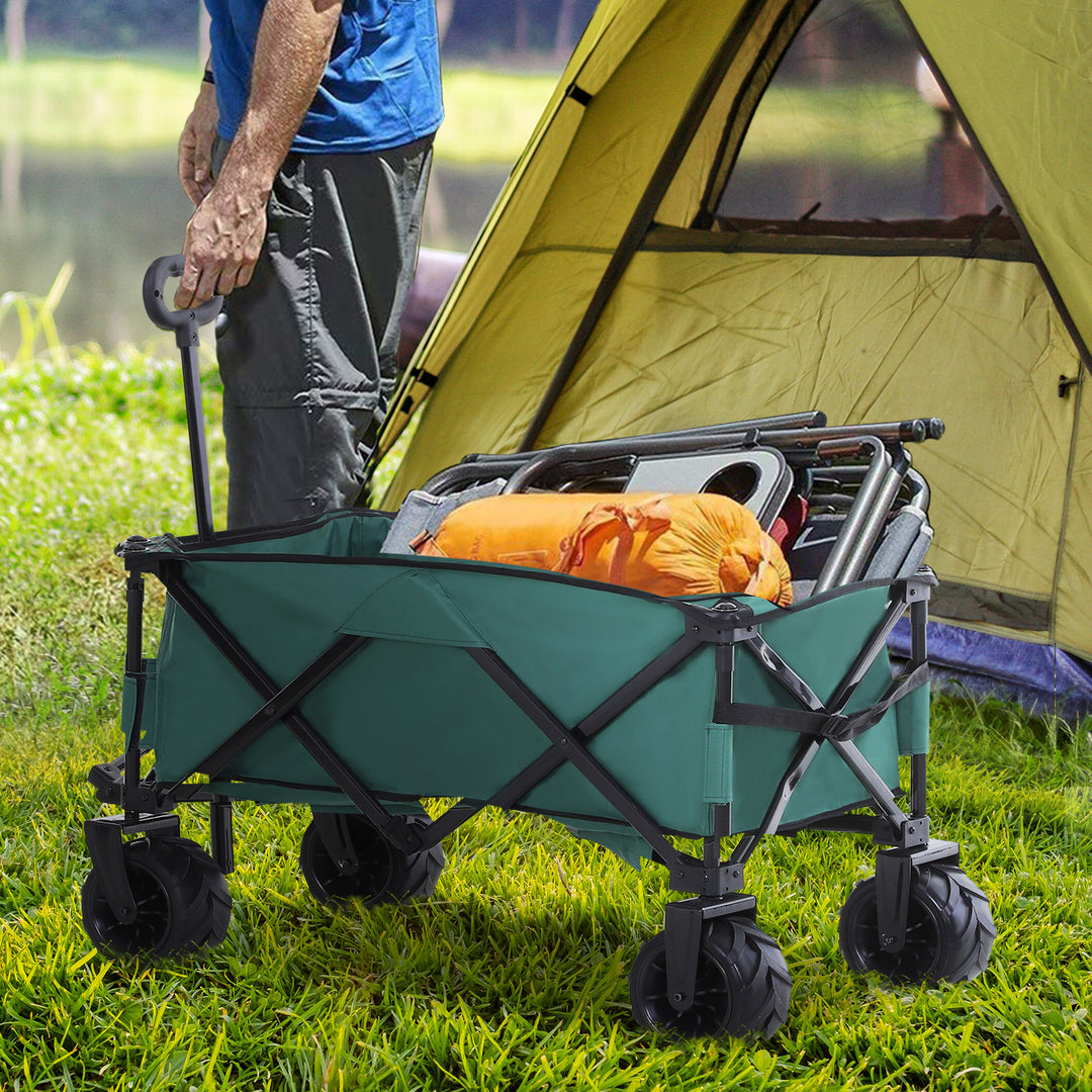 Outdoor Pull Along Cart Folding Cargo Wagon Trailer Trolley  for Beach Garden Use with Telescopic Handle, Anti-Slip Wheel - Green