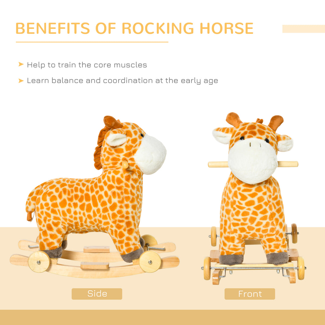 HOMCOM 2-IN-1 Kids Plush Ride-On Rocking Gliding Horse Giraffe-shaped Plush Toy Rocker with Realistic Sounds for Child 36-72 Months Yellow