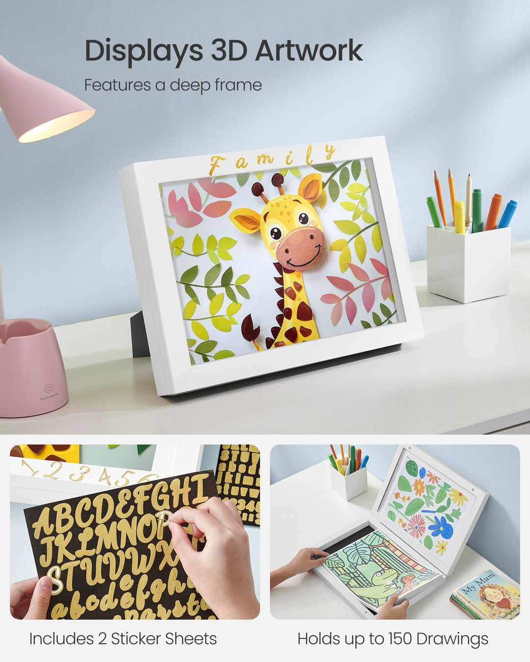 Kids Artwork Frame Changeable, A4, 8.5x11 Art Picture Frame Display for Room Décor - Matte White
