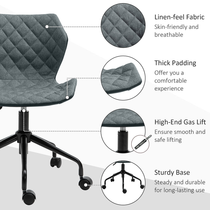 HOMCOM Swivel Chair, Home Office Computer Desk Chair With Nylon Wheels Adjustable Height Linen Grey