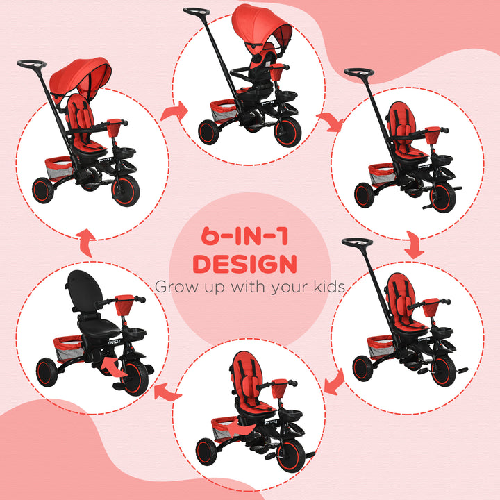 7-in-1 Tricycle for Kids, Baby Trike with Rotatable Seat, Adjustable Push Handle, Safety Harness Detachable Canopy Semi-reclining Footrest Red