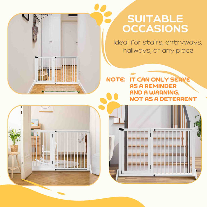 Adjustable Wooden Pet Gate Freestanding Dog Barrier Fence Doorway 3 Panels Safety Gate w/ Lockable Door White 71H x 113-166W cm