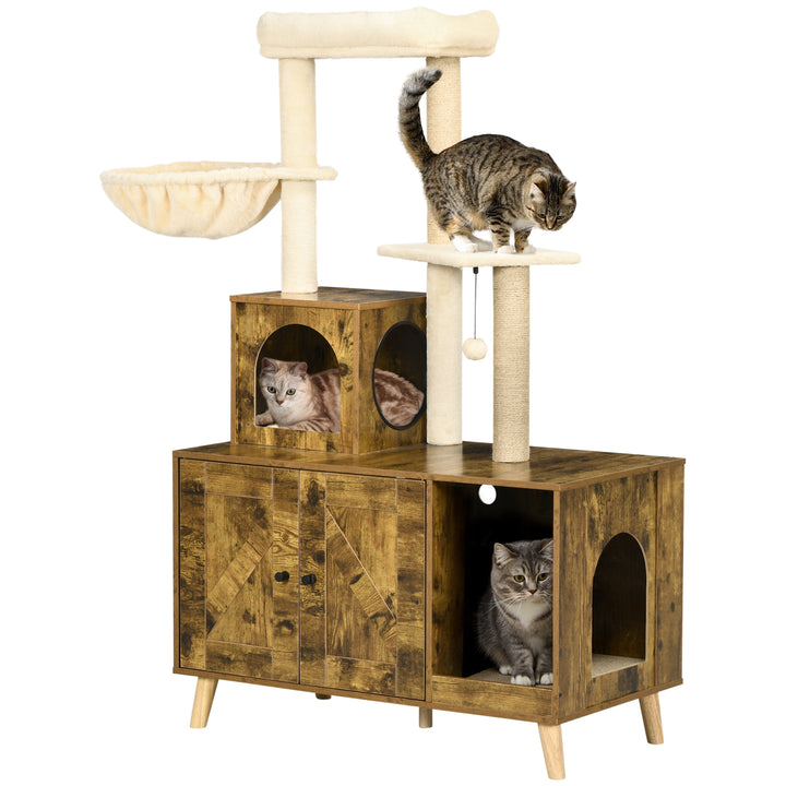 Cat Litter Box Enclosure, with Tree Tower, Cat House, Hammock, Cushion - Rustic Brown