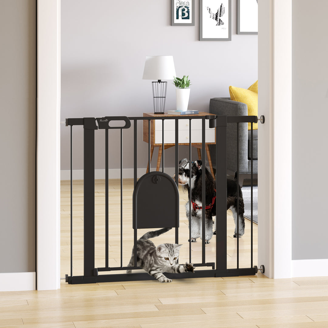 75-103 cm Extra Wide Pet Safety Gate Barrier, Stair Pressure Fit, w/ Small Door, Auto Close, Double Locking, for Doorways, Hallways, Black