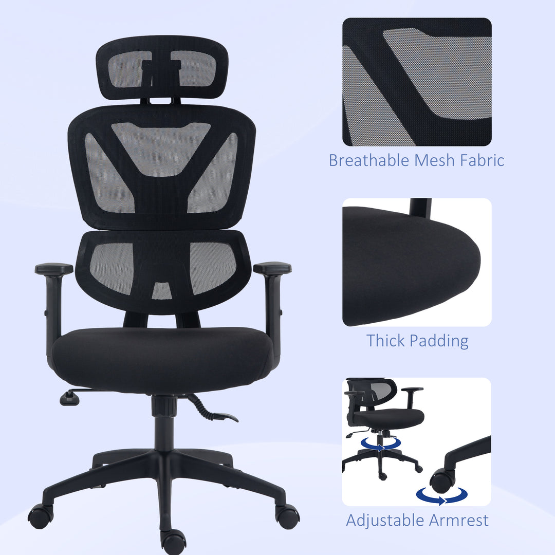 Vinsetto Mesh Office Chair, Ergonomic High-Back Swivel Desk Chair with Adjustable Height, Headrest, Lumbar Support, Padded Seat for Home Office Black