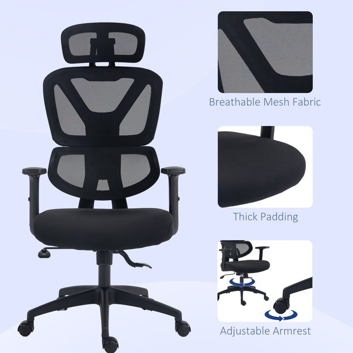 Vinsetto Mesh Office Chair, Ergonomic High-Back Swivel Desk Chair with Adjustable Height, Headrest, Lumbar Support, Padded Seat for Home Office Black