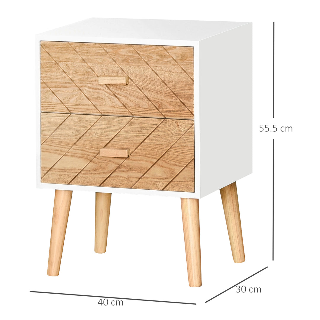 2 Drawers Bedside Table with Pine Legs, Bedroom Wooden Storage Cabinet, Set of 2, Natural