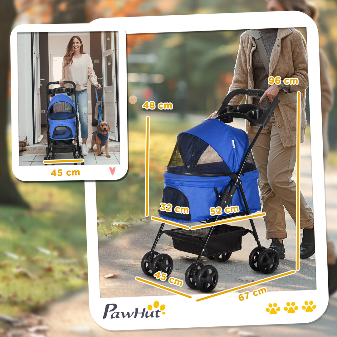 PawHut No-Zip Pet Stroller Dog Cat Travel Pushchair One-Click Fold Trolley Jogger with EVA Wheels Brake Basket Adjustable Canopy Safety Leash Blue