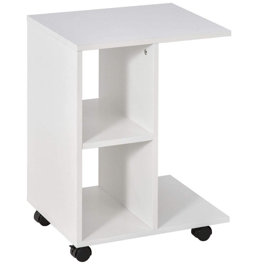 C-Shape End Table Unique Storage Unit w/ 2 Shelves 4 Wheels Freestanding Home Office Furniture Cabinet Square Studio White