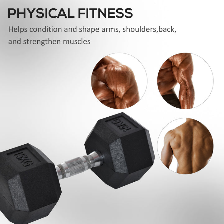 HOMCOM 15KG Single Rubber Hex Dumbbell Portable Hand Weights Dumbbell Home Gym Workout Fitness Hand Dumbbell