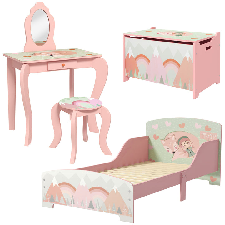 Kids Bedroom Furniture Set Includes Bed Frame, Toy Chest, Dressing Table for Ages 3-6 Years - Pink