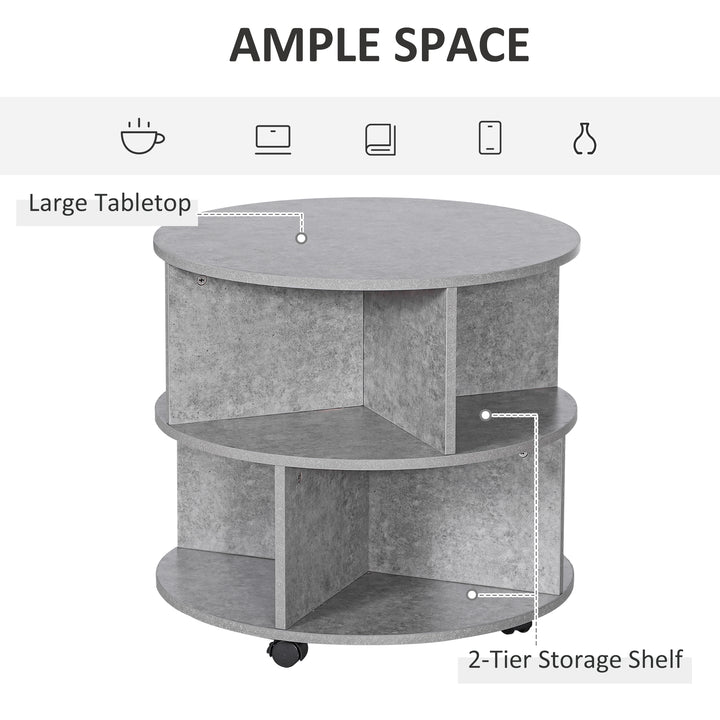 2 Tier Round Side End Table Coffee Desk with Divided Shelves Tea Table Storage Unit Living Room Organiser with Wheels - Cement colour