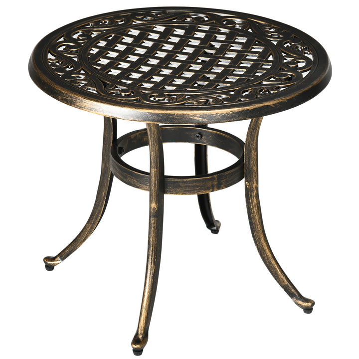 Industrial Garden Side Table, Round Hollow Top Design Patio End Table with Cast Aluminum Frame, Bronze