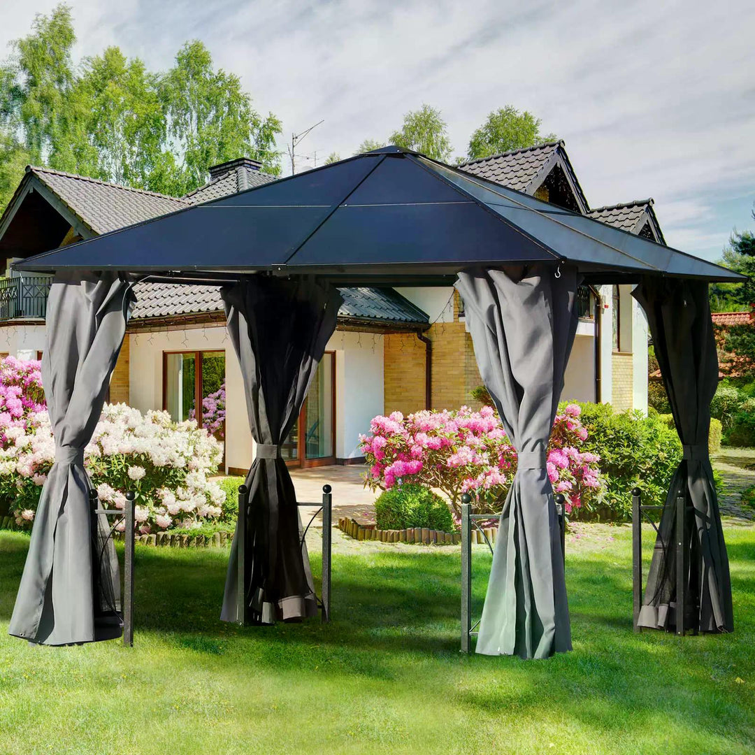 3 x 3(m) Hardtop Gazebo Canopy with Polycarbonate Roof, Steel & Aluminium Frame, Garden Pavilion with Mosquito Netting and Curtains, Black