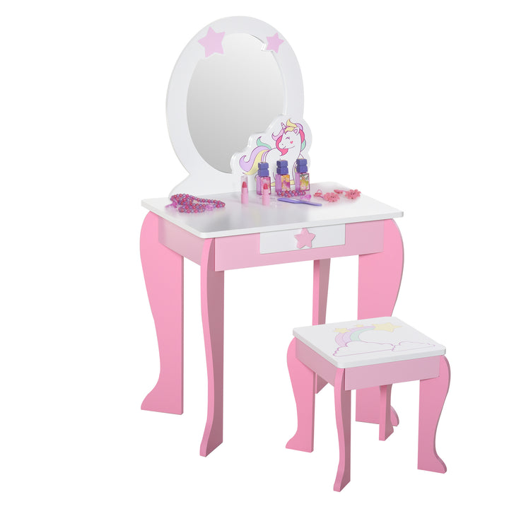 Girls Dressing Table with Mirror and Stool, Kids Dressing Table, Unicorn Pretend Play Toy for Toddles Girls Age 3-6 Years, Acrylic Mirror, Pink and White