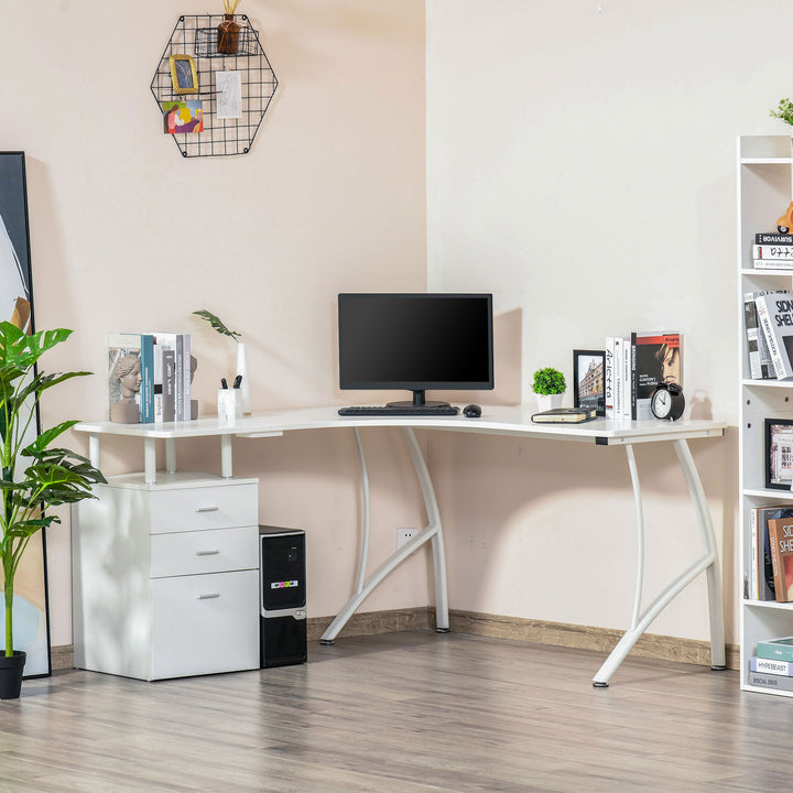 L-Shaped Computer Desk Table with Storage Drawer Home Office Corner Industrial Style Workstation, White