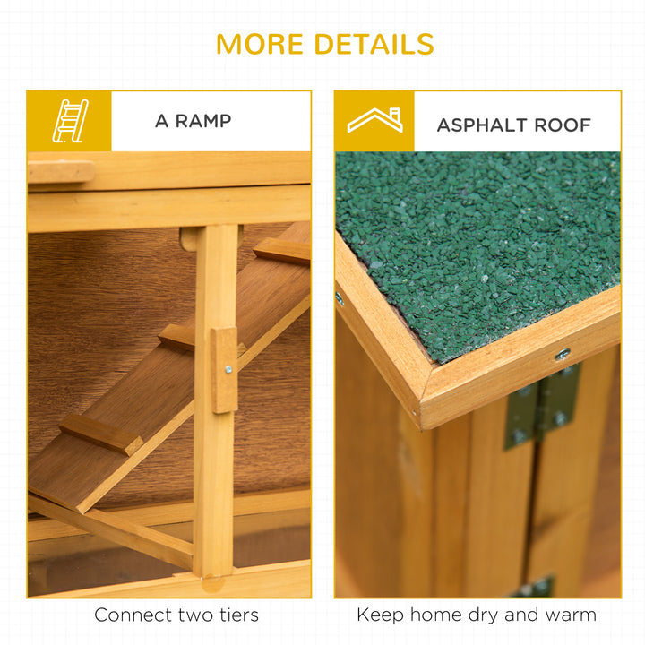 Double Decker Rabbit Hutch 2-Tier Guinea Pig House Pet Cage Outdoor with Sliding-out Tray Asphalt Roof Ramp, 100x47x91cm, Yellow