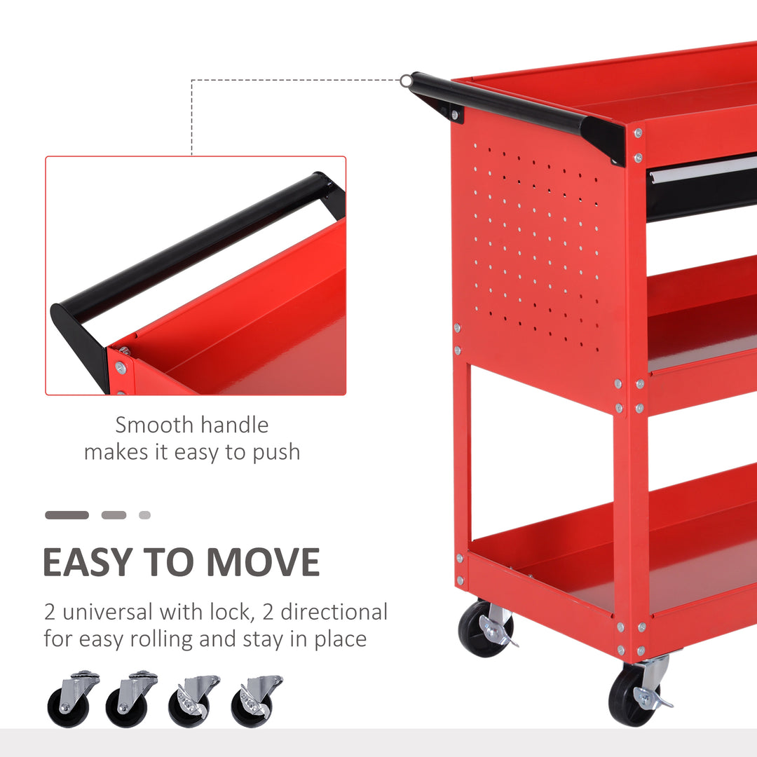 DURHAND 3-Tier Tool Trolley Cart Storage Shelf Roller Cabinet DIY Box Garage Workshop with Drawer Red