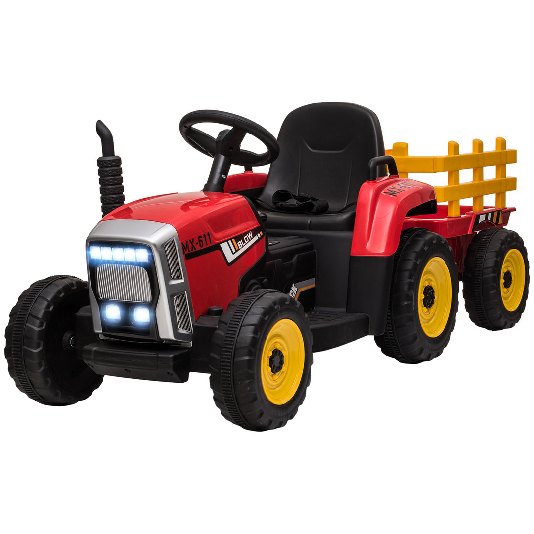 Electric Ride on Tractor with Detachable Trailer, 12V Kids Battery Powered Electric Car with Remote Control, Music Start up Sound and Horn, Lights, for Ages 3-6 Years - Red