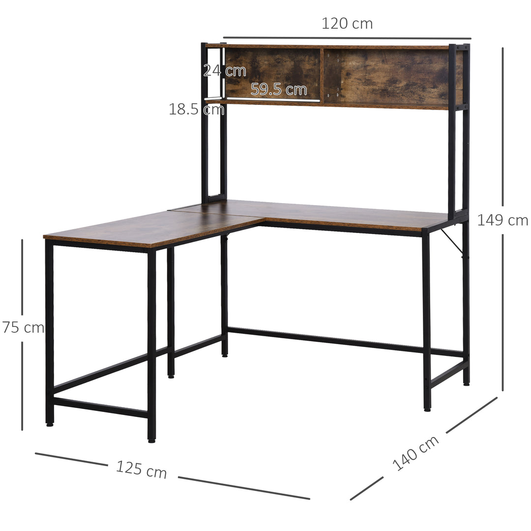 Industrial L-Shaped Work Desk & Storage Shelf Steel Frame Adjustable Feet Corner Workstation Home Office Study Stylish Brown Black