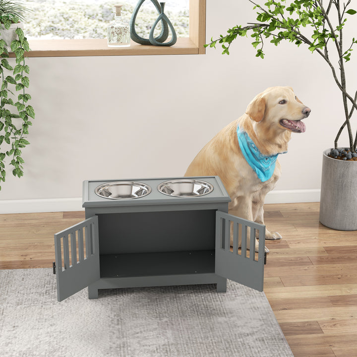 Raised Dog Bowls & Pet Feeding Station, Storage Cabinet-Grey