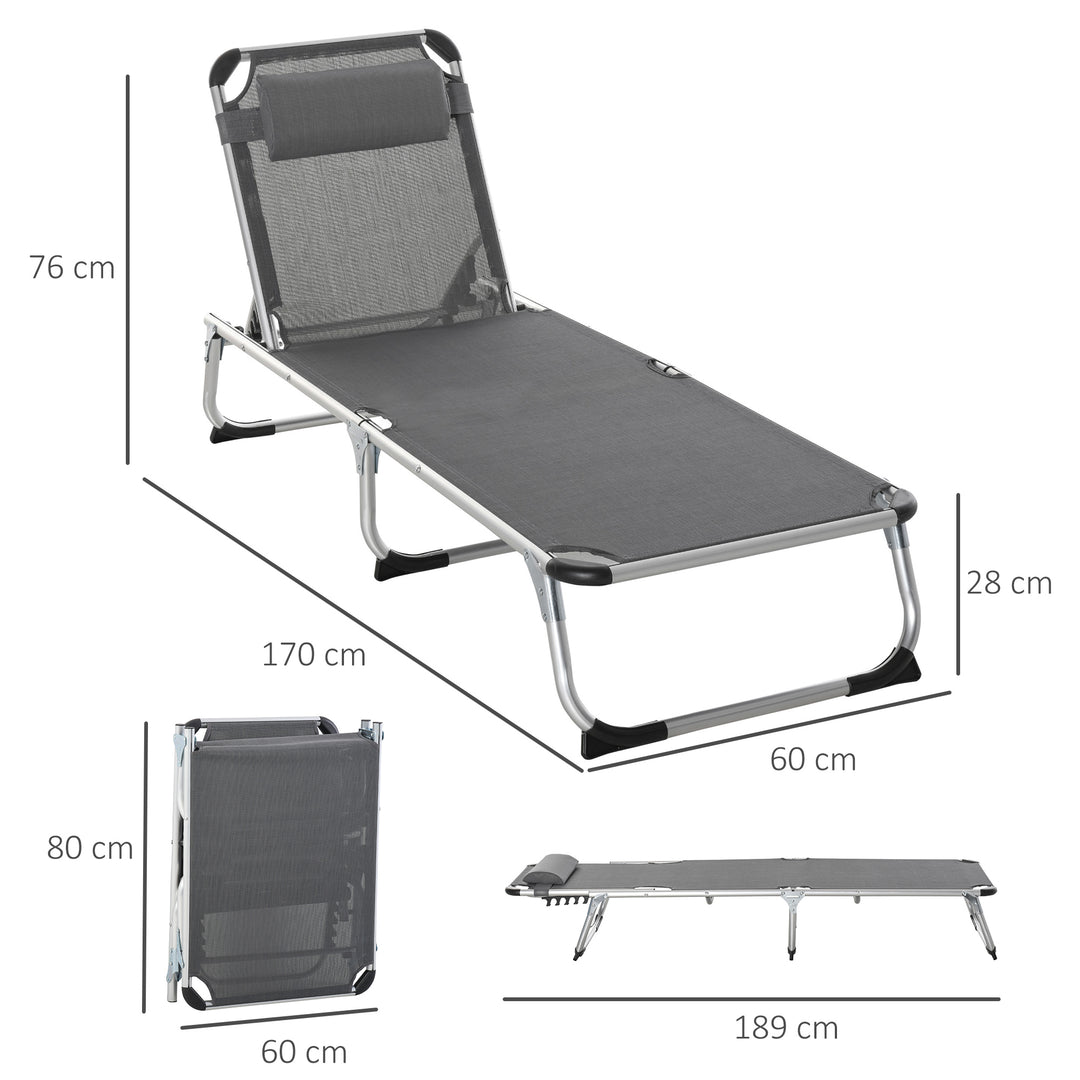 Outsunny 2 Pieces Foldable Sun Lounger with Pillow, 5-Level Adjustable Reclining Lounge Chair, Aluminium Frame Camping Bed Cot, Grey