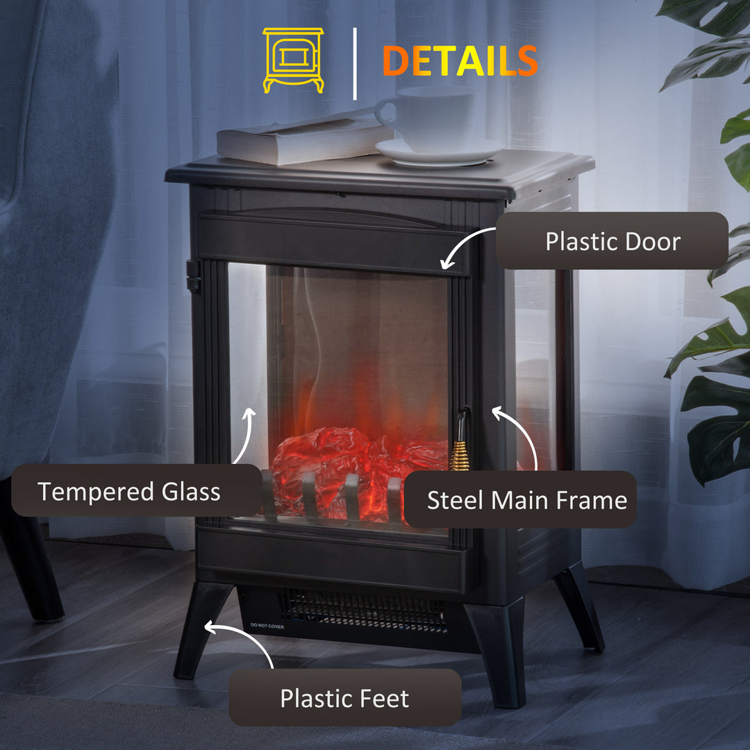 Free standing Electric Fireplace Stove, Fireplace Heater with LED Flame Effect, 3-sided Tempered Glass, Overheat Protection, 1000W/2000W, Black