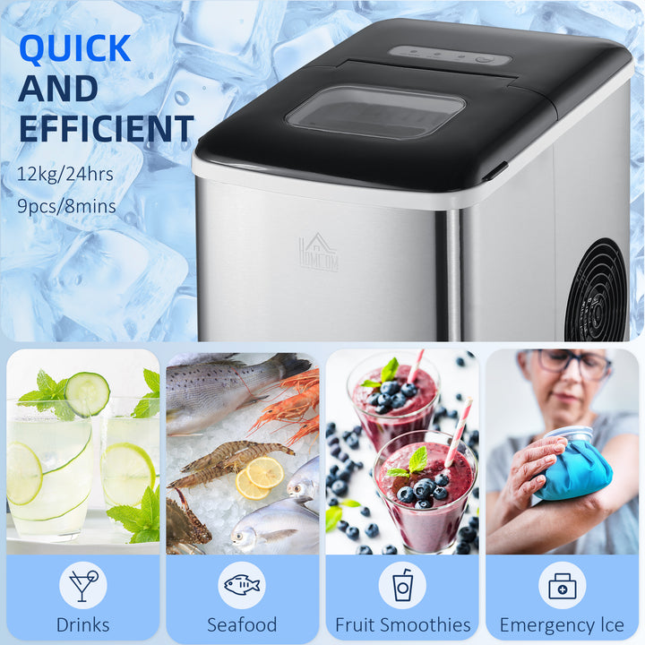 Ice Maker Machine, Counter Top Ice Cube Maker for Home 12kg in 24 Hrs 1.8L with Self Cleaning Function Scoop and Basket Stainless Steel Black