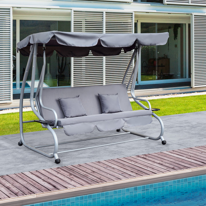 Outsunny 2-in-1 Garden Swing Seat Bed 3 Seater Swing Chair Hammock Bench Bed with Tilting Canopy and 2 Cushions, Grey