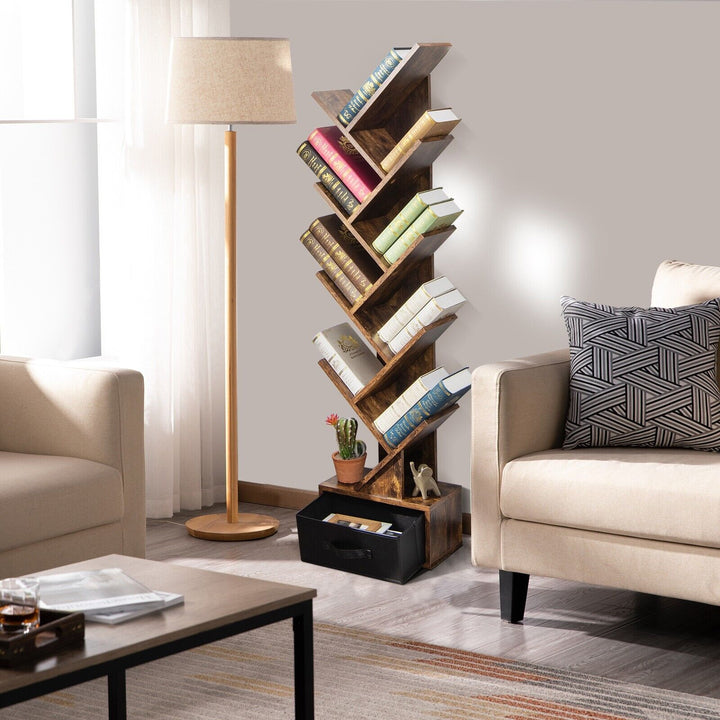 Freestanding Tree Bookshelf with Drawer-Rustic Brown