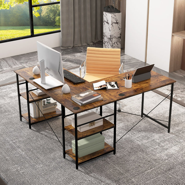 Wooden Industrial L-Shaped Desk with Storage Shelves-Rustic Brown