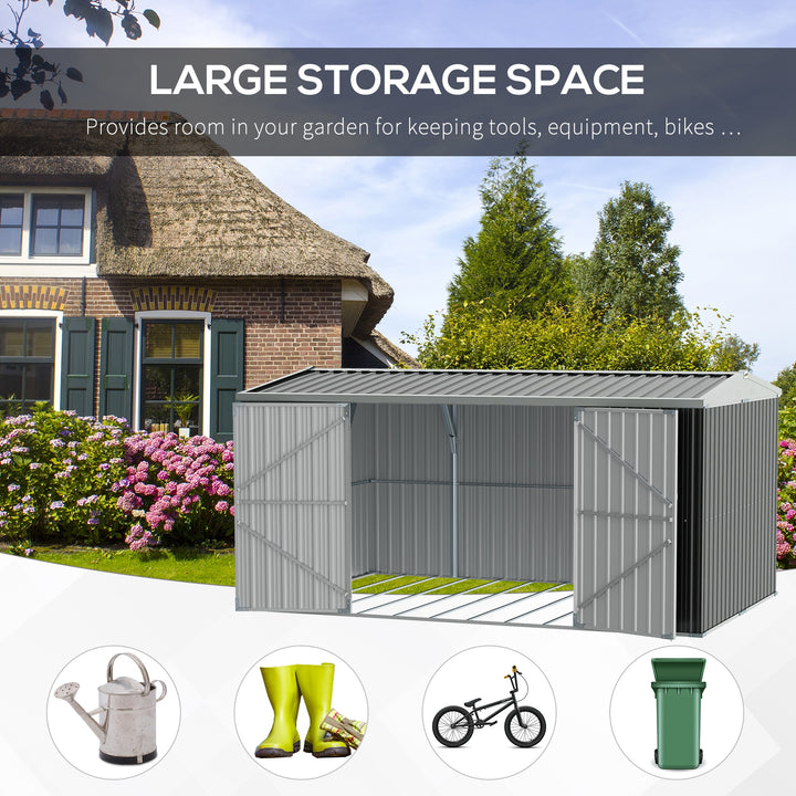 Outsunny 14 x 9 ft Lockable Garden Shed Large Patio Roofed Tool Metal Storage Building Foundation Sheds Box Outdoor Furniture, Grey