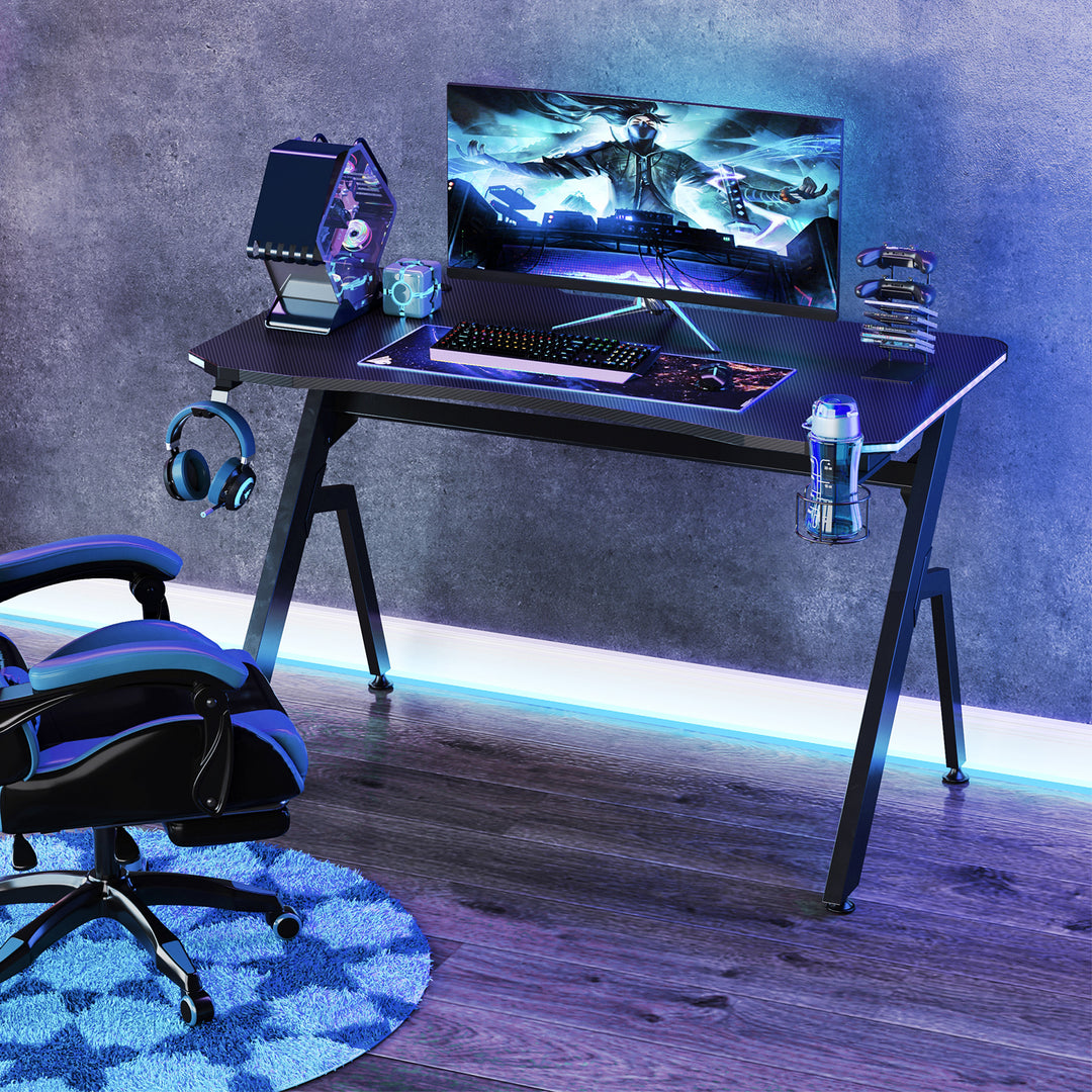 Gaming Desk Racing Style Home Office Ergonomic Computer Table Workstation with RGB LED Lights,  Black