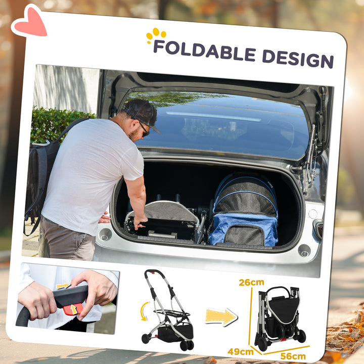 PawHut Detachable Pet Stroller Pushchair Foldable Dog Cat Travel Carriage 2-In-1 Design Carrying Bag Dark Blue