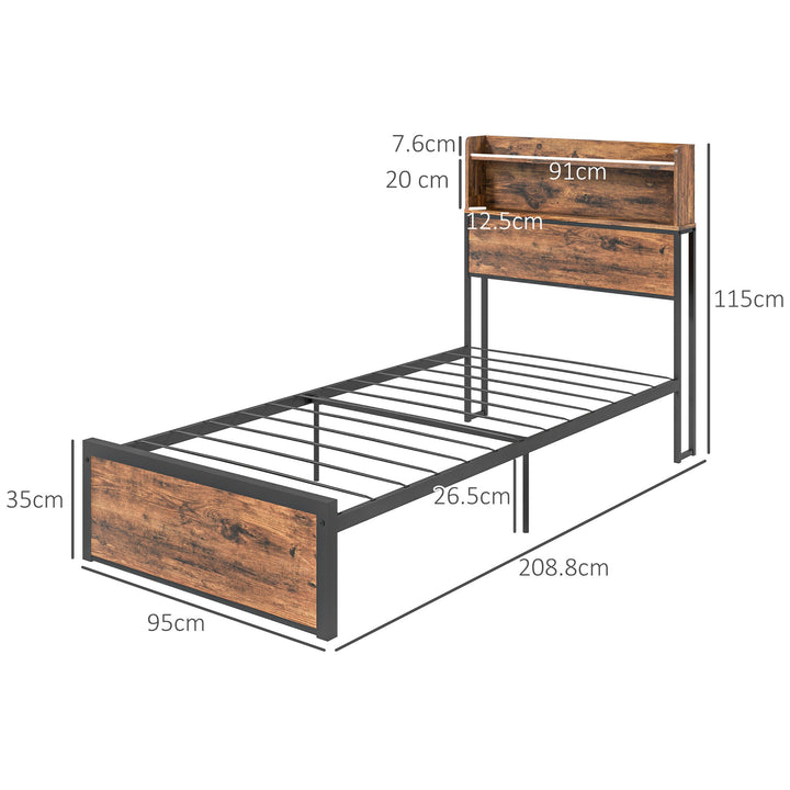 Industrial Single Bed Frame, 3.1FT Steel Bed Base with Storage Headboard, Footboard, Slatted Support and Under Bed Storage, 95 x 209cm, Rustic Brown