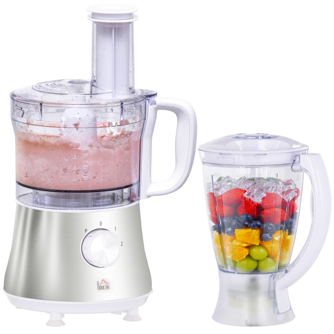 Food Processor with 1L Bowl, 1.5L Blender, Knife Blades, Reversible Slicing and Grating Discs, Adjustable Speed and Pulse, 500W