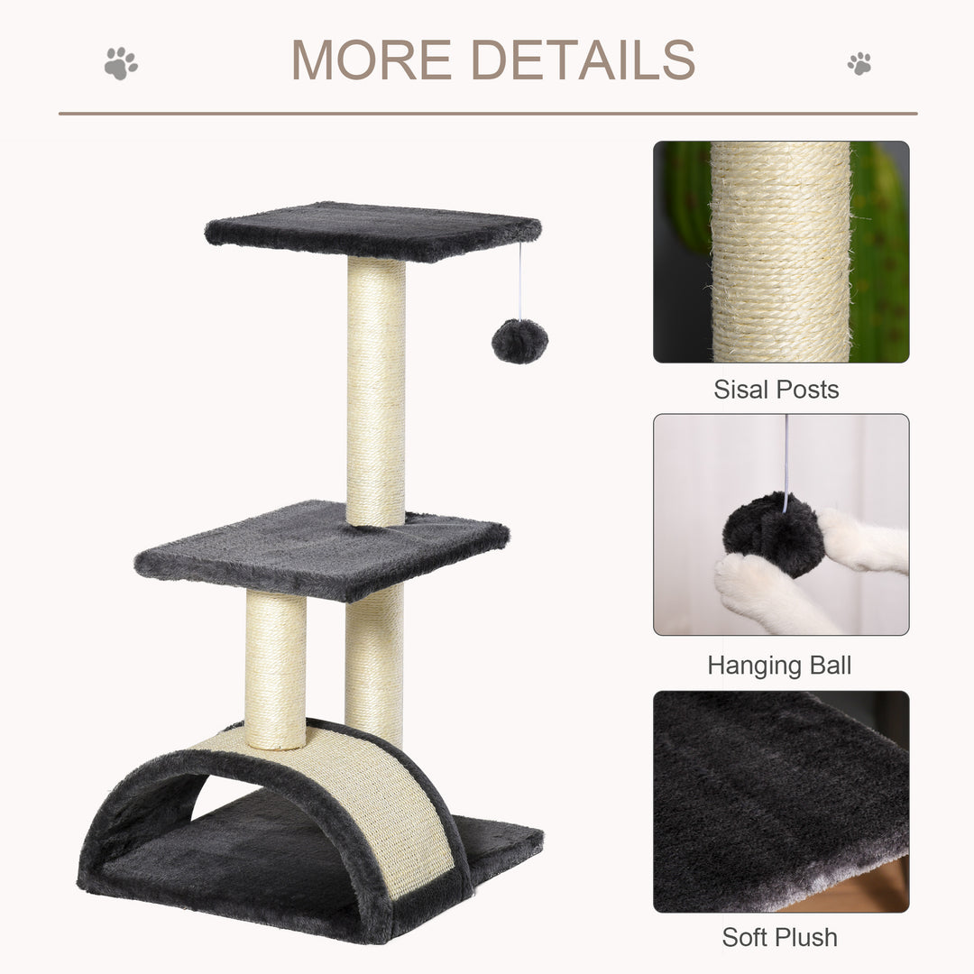 PawHut Cat tree Tower 72cm Climbing Activity Centre Kitten with Sisal Scratching Post Pad Arc Perch Hanging Ball Toy Grey