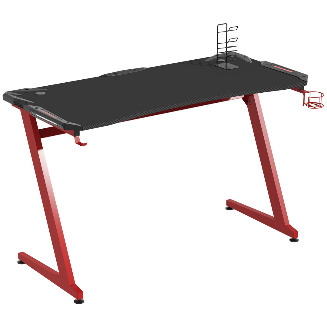 Gaming Desk, Ergonomic Home Office Desk, Gamer Workstation Racing Table, with Headphone Hook and Cup Holder, 142 x 66 x 96cm, Black and Red