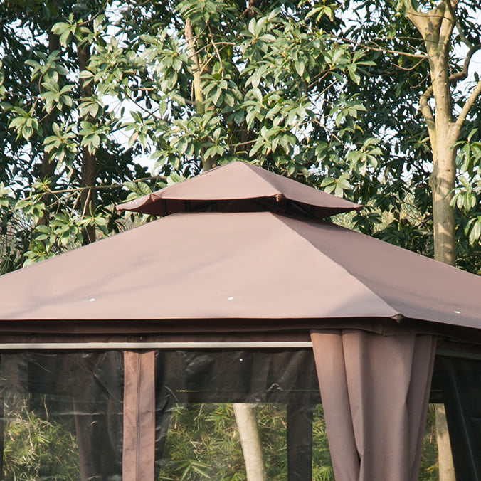 Hexagon Gazebo Patio Canopy Party Tent Outdoor Garden Shelter w/ 2 Tier Roof & Side Panel - Brown