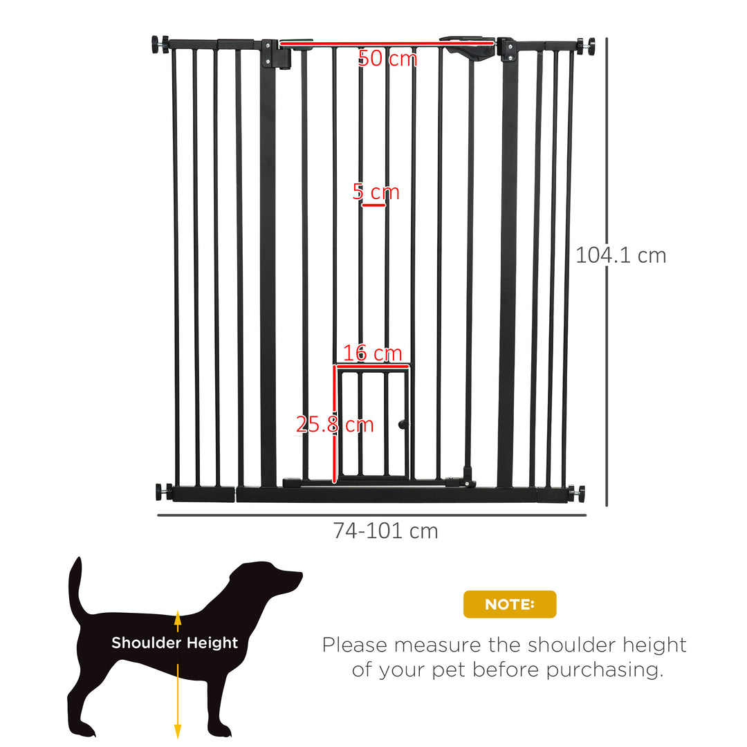 Extra Tall Pet Gate, Indoor Dog Safety Gate, with Cat Flap, Auto Close, 74-101cm Wide - Black