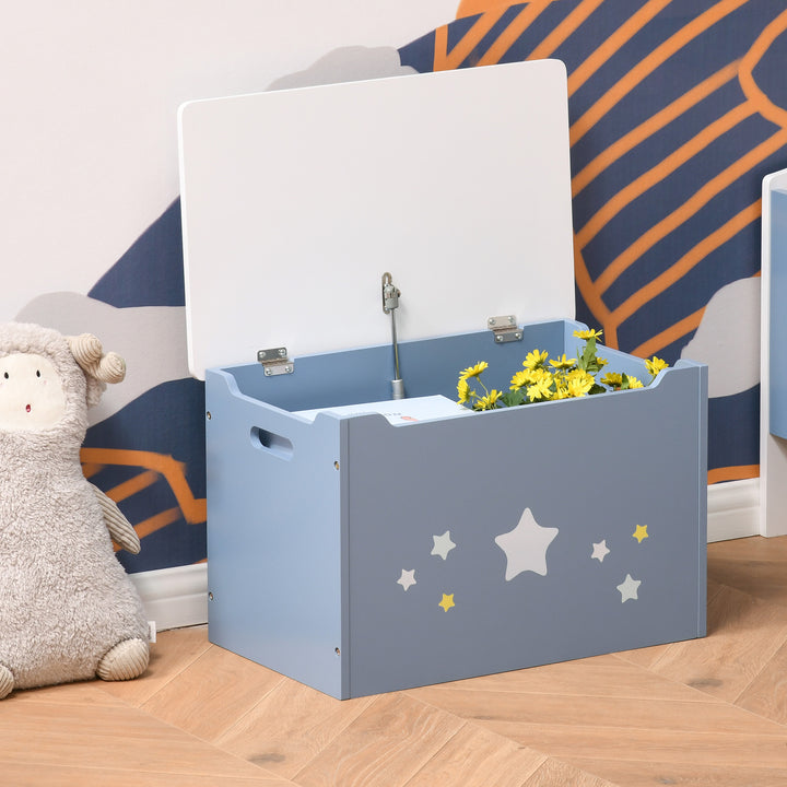 Wooden Kids Children Toy Box Storage Chest Organizer Safety Hinge Air Vents Side Handle Playroom Furniture Blue