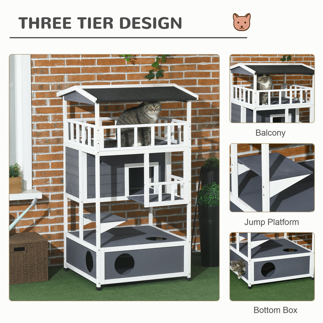 PawHut Cats Fir Wood 3-Tier Waterproof Play House Grey