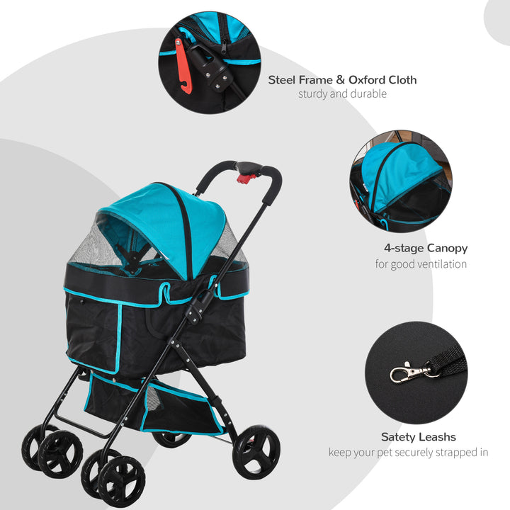 PawHut Pet Stroller Pushchair Travel One-Click Fold Trolley with EVA Wheels Brake Removable Cloth Basket Bottle Holder Adjustable Canopy Safety Leash