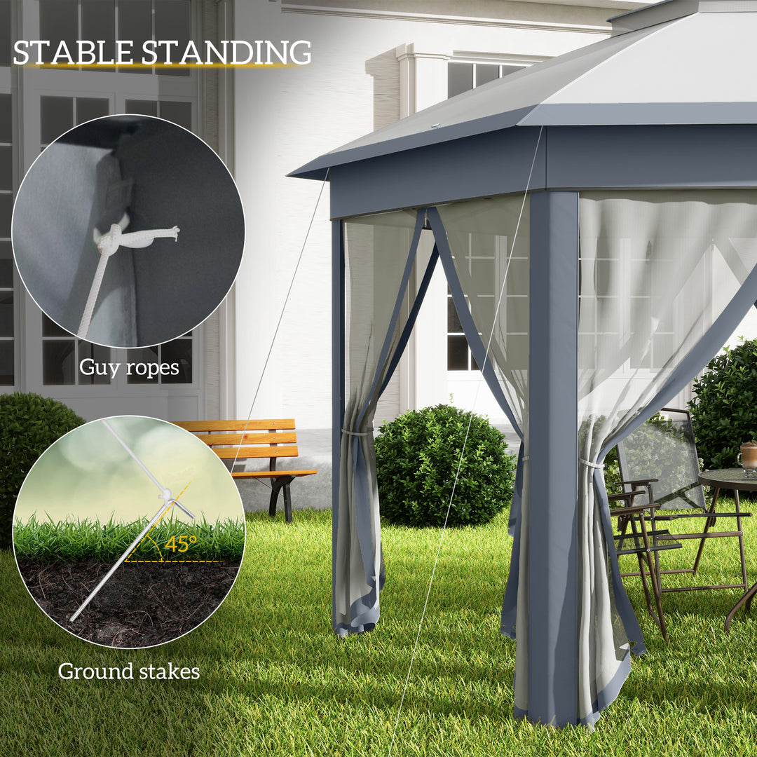 Outsunny Hexagon Patio Gazebo Pop Up Gazebo Outdoor Double Roof Instant Shelter with Netting, 4m x 4m, Grey