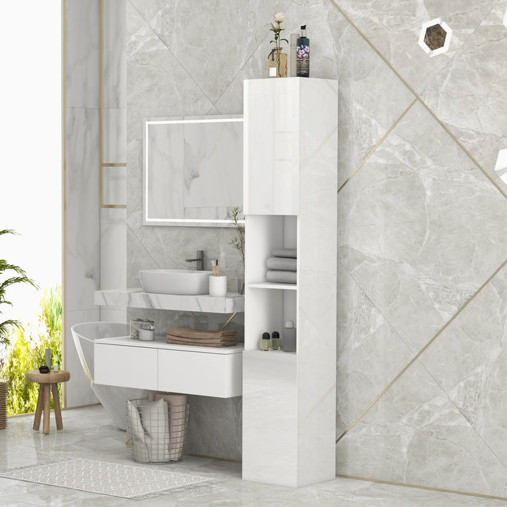 Freestanding Bathroom Cabinet, High Gloss Storage Cabinet with Doors and Adjustable Shelves, 30 x 30 x 181.5 cm, White