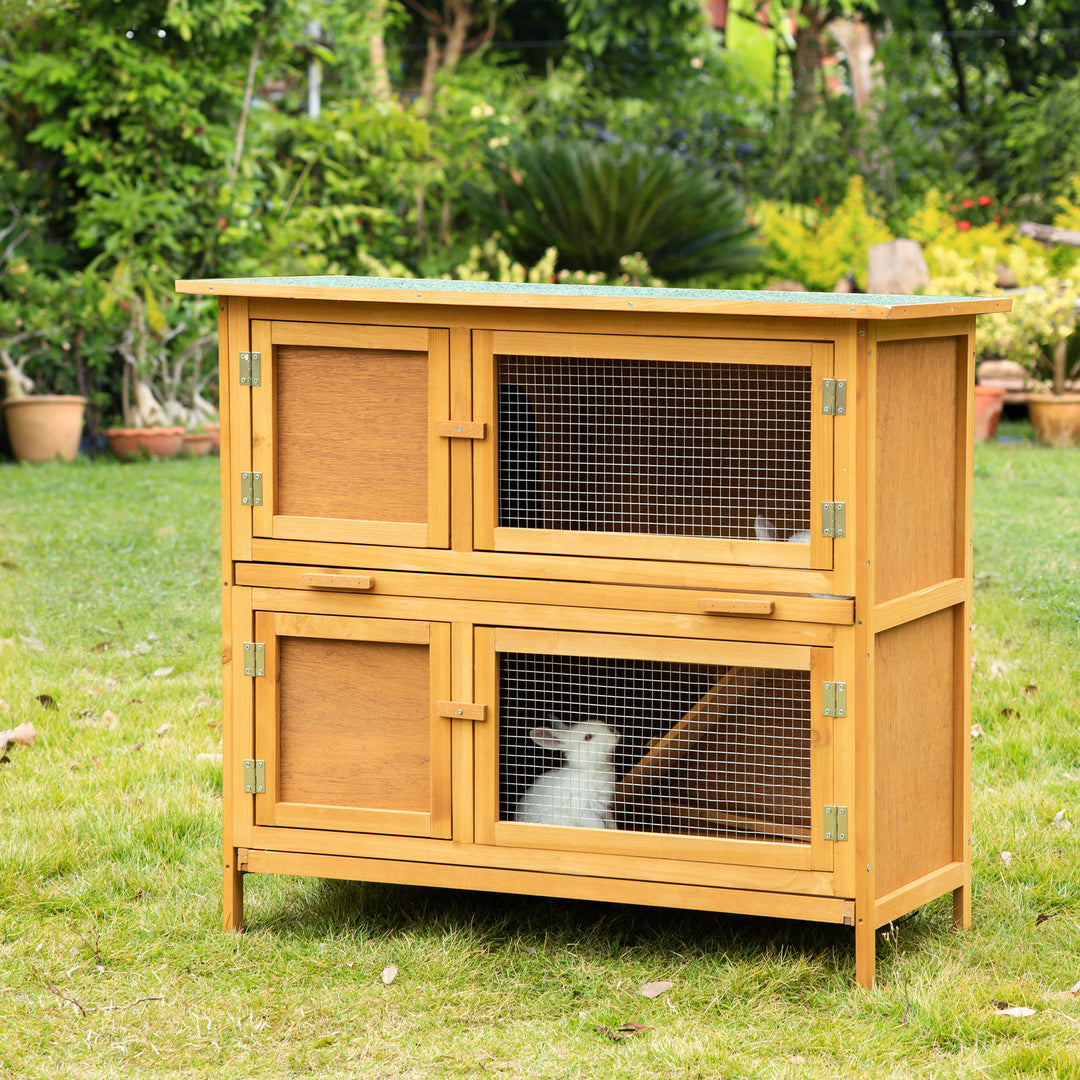 Double Decker Rabbit Hutch 2-Tier Guinea Pig House Pet Cage Outdoor with Sliding-out Tray Asphalt Roof Ramp, 100x47x91cm, Yellow