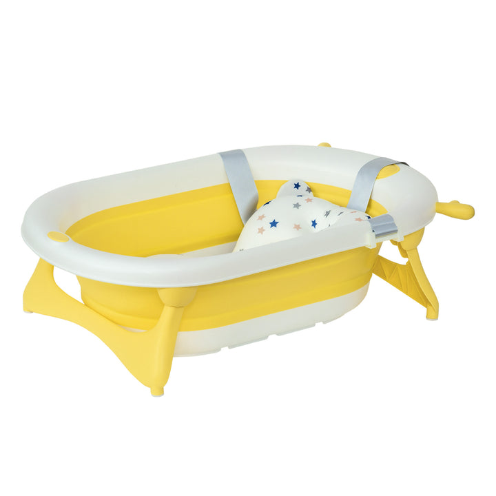 Collapsible Baby Bath Tub Foldable Ergonomic w/ Cushion Temperature Sensitive Water Plug Non-Slip Support Leg Portable for 0-3 Years, Yellow